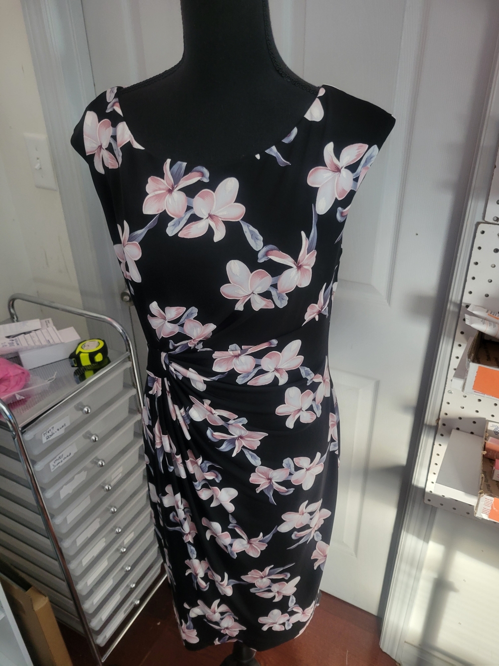 Black Floral Sheath Dress with Pink Blossoms
